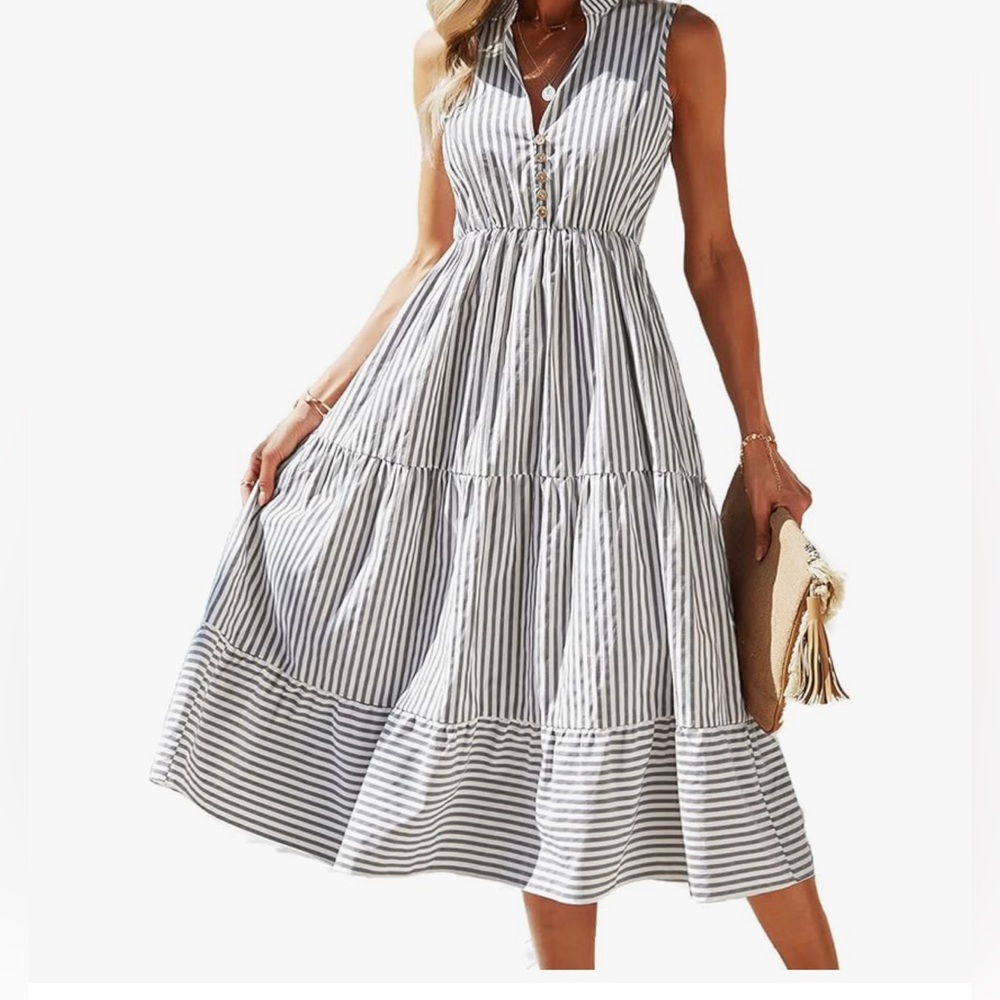 Brovave Women’s‎ Grey  and White Striped Midi Dress